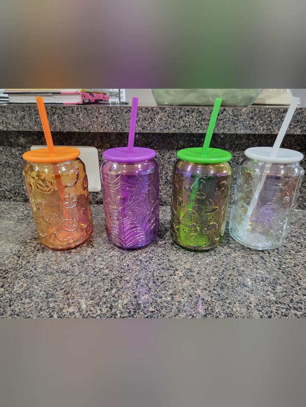 4 Halloween Iridescent Glass Tumblers Set Lids Straws Pumpkin Ghost Witch Web